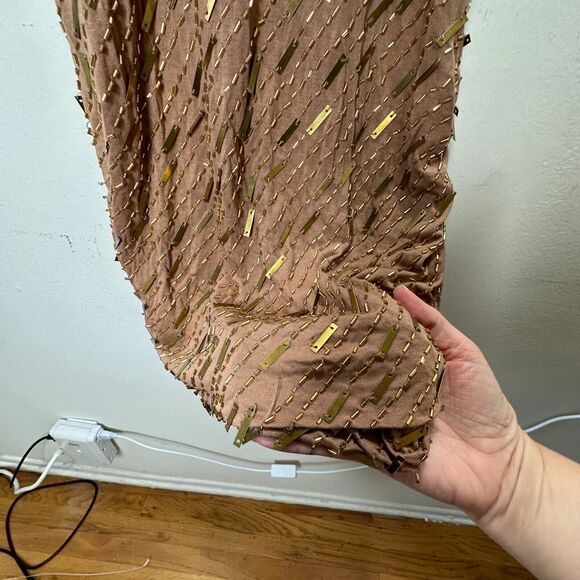 Haute Hippie Chocolate Brown Tank Mini Dress Side Ruche Gold & Beaded Adornment - Picture 9 of 14